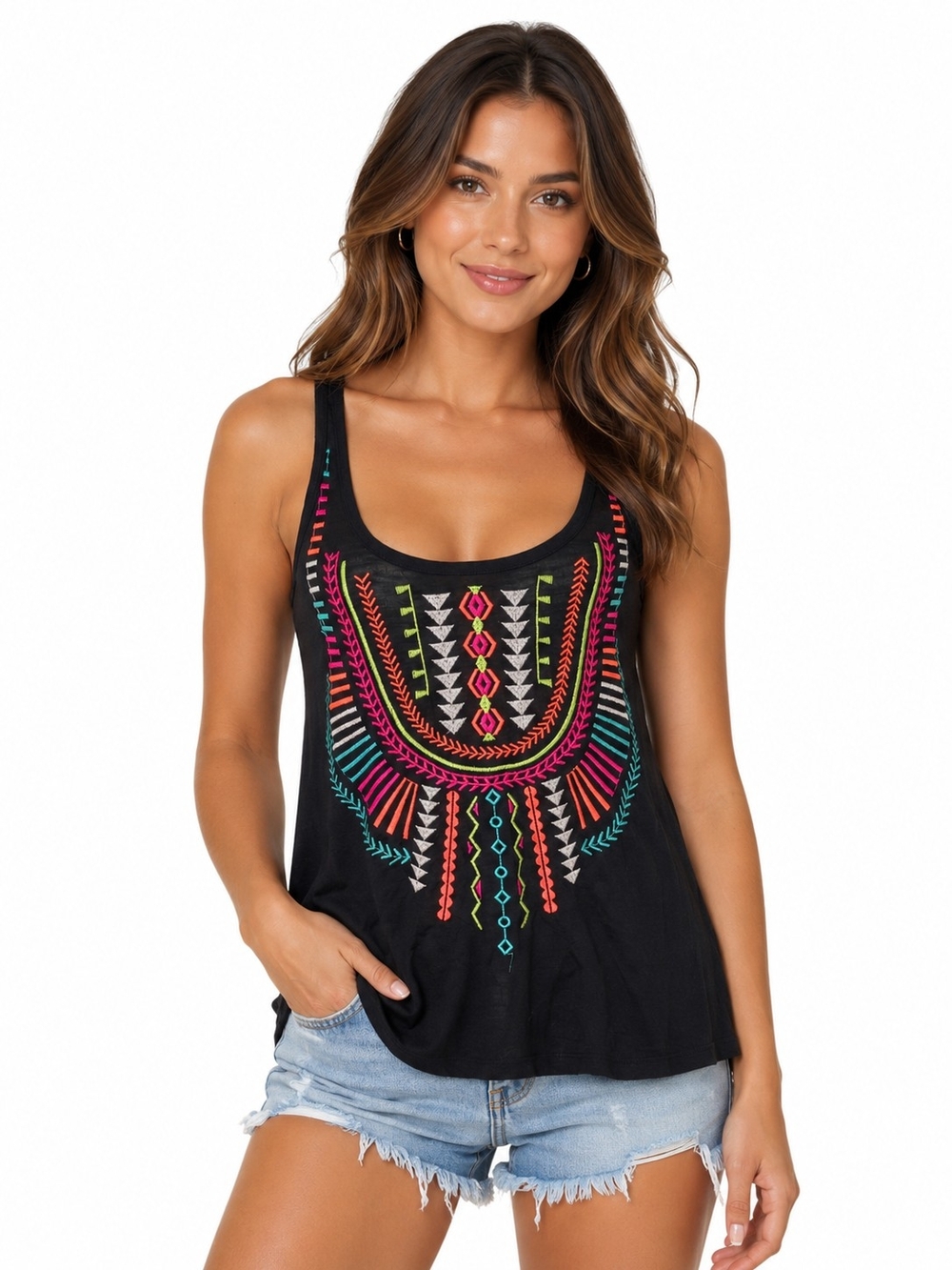 Eyeshadow Black Tank with Bright Multicolor Geometric Embroidery